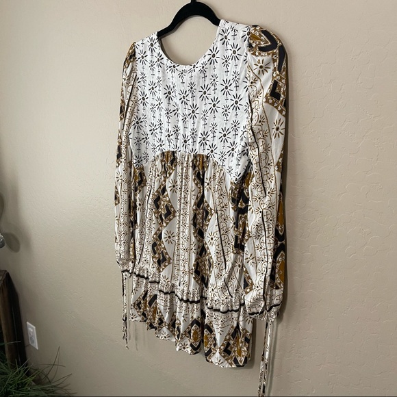 Free People geometry boho tunic long sleeve top dress XS white black brown stars - Picture 12 of 12